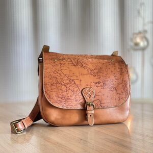 Patricia Nash Brown Leather Map London Saddle Bag Crossbody Purse Organizer